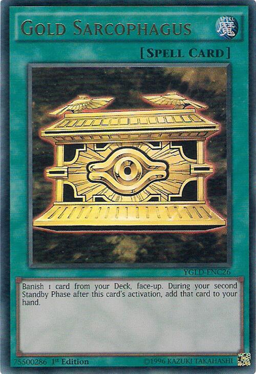 Gold Sarcophagus YGLD-ENC26 card from King of Games: Yugi's Legendary Decks