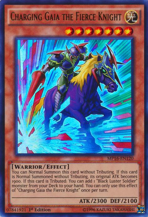 Charging Gaia the Fierce Knight MP16-EN120 card from 2016 Mega-Tins Mega Pack
