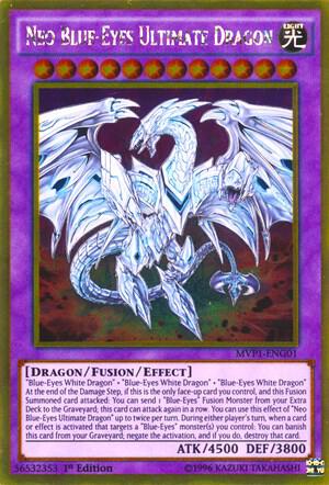 Neo Blue-Eyes Ultimate Dragon MVP1-ENG01 card from The Dark Side of Dimensions Movie Pack: Gold Edition