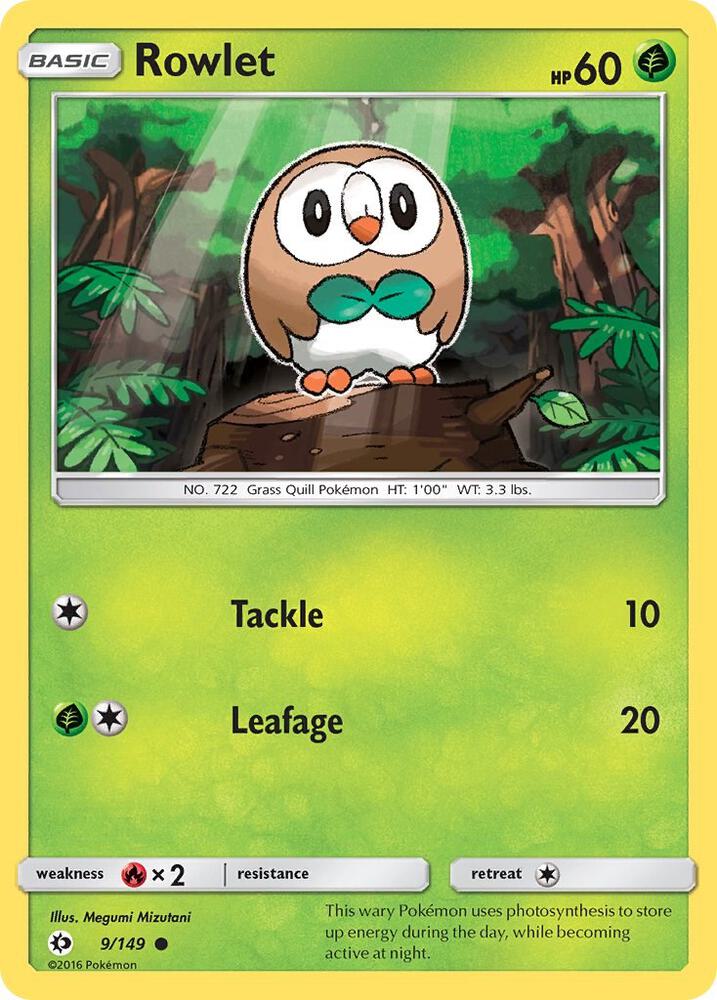 Rowlet 9/149 card from SM Base Set