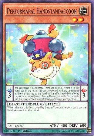 Performapal Handstandaccoon RATE-EN002 card from Raging Tempest