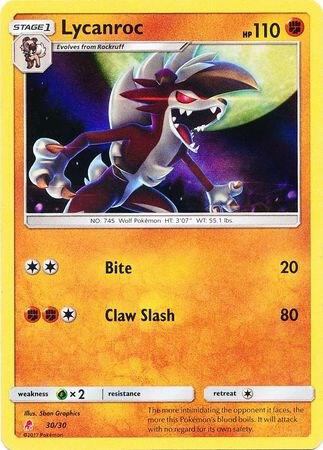 Lycanroc (#30 Holofoil) 30/30 card from SM Trainer Kit: Lycanroc & Alolan Raichu