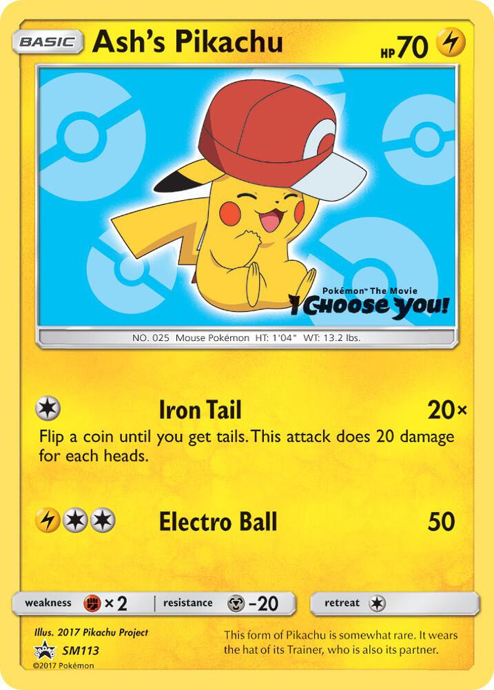 Ash's Pikachu SM113 card from SM Promos