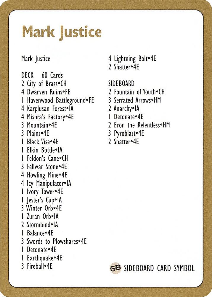 1996 Mark Justice Decklist Card card from World Championship Decks
