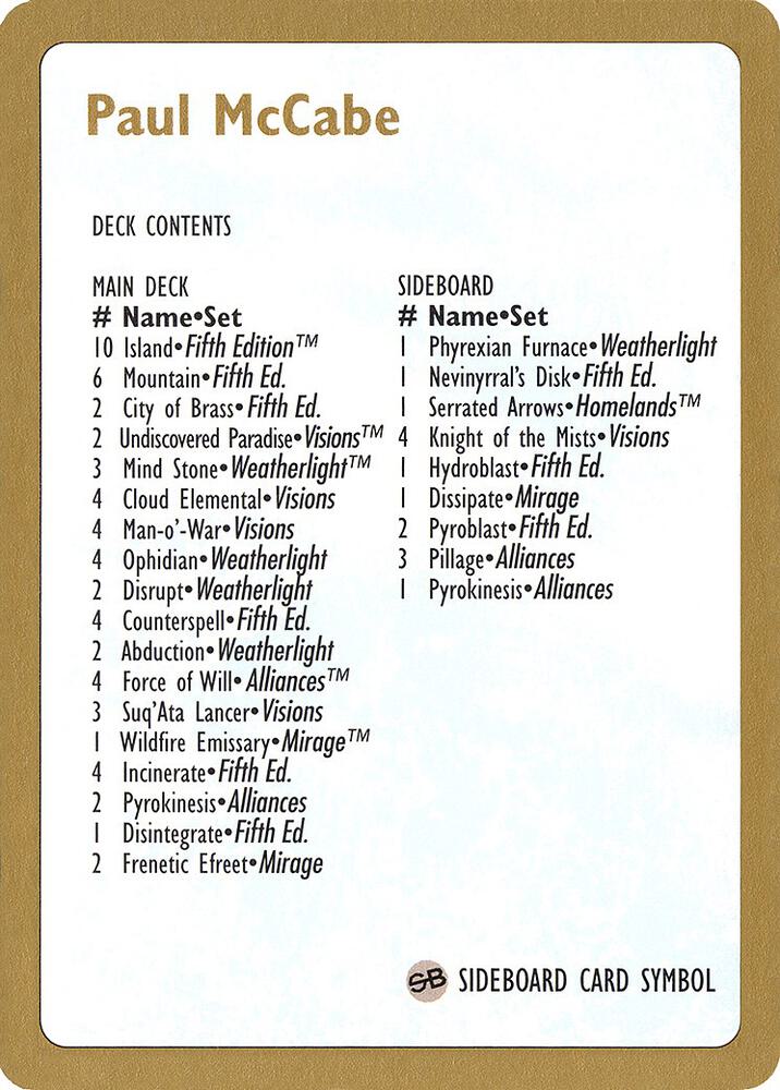 1997 Paul McCabe Decklist Card card from World Championship Decks
