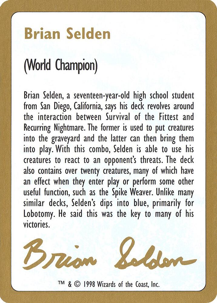 1998 Brian Selden Biography Card card from World Championship Decks