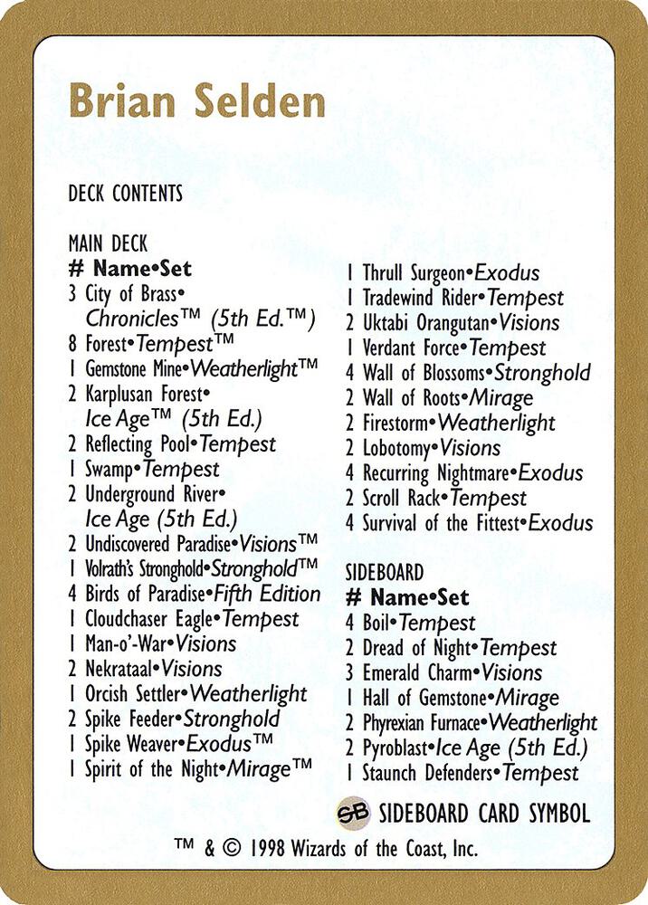 1998 Brian Selden Decklist Card card from World Championship Decks