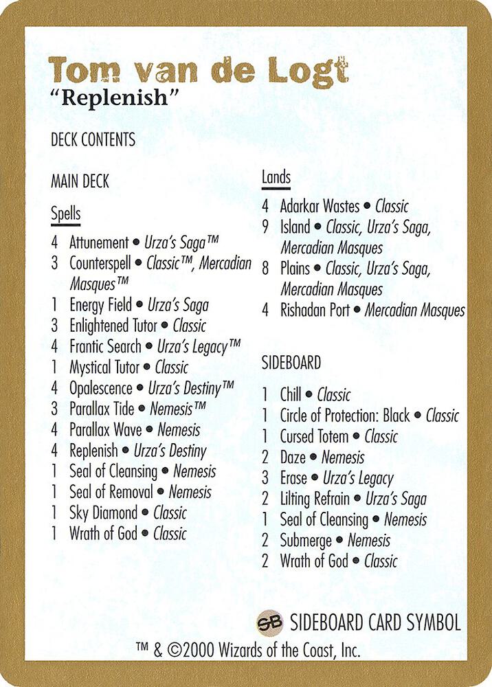 2000 Tom van de Logt Decklist Card card from World Championship Decks