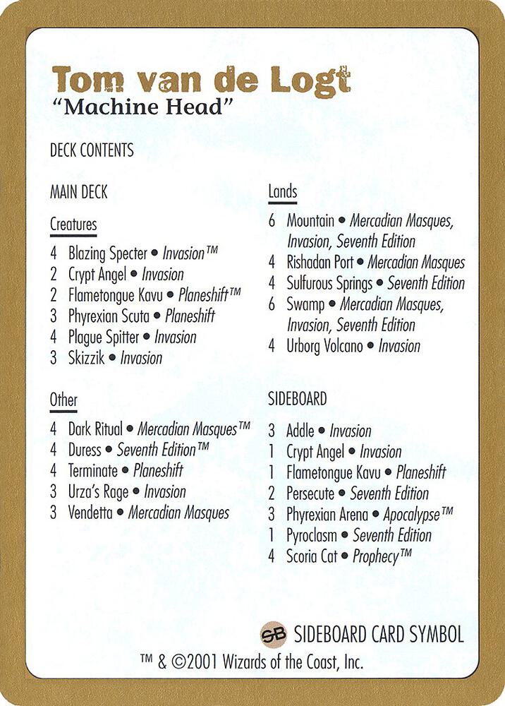 2001 Tom van de Logt Decklist Card card from World Championship Decks