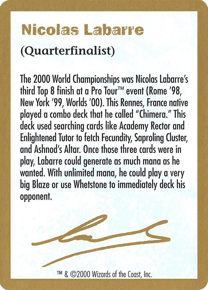 2000 Nicolas Labarre Biography Card card from World Championship Decks