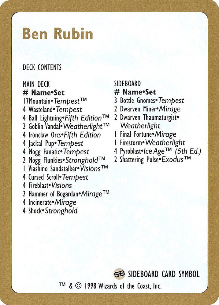 1998 Ben Rubin Decklist Card card from World Championship Decks