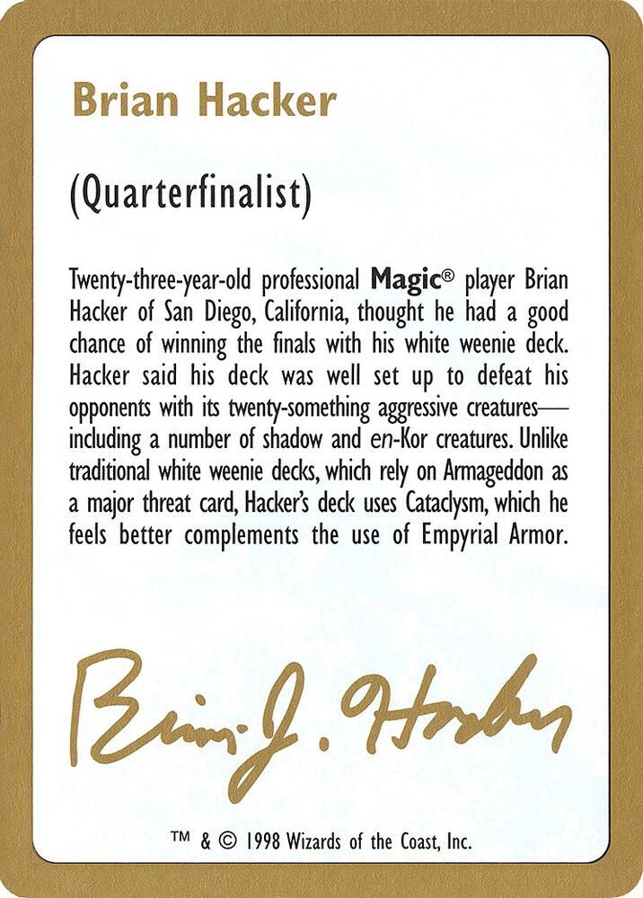 1998 Brian Hacker Biography Card card from World Championship Decks