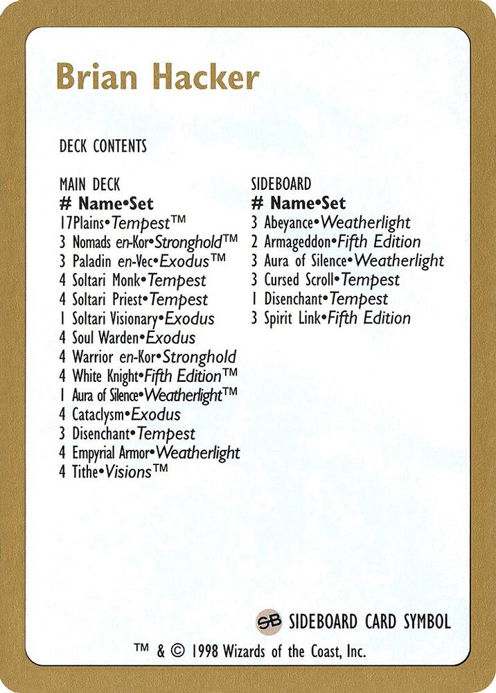 1998 Brian Hacker Decklist Card card from World Championship Decks