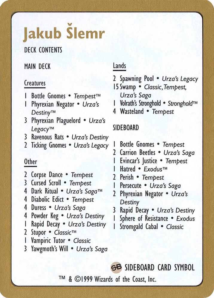 1999 Jakub Slemr Decklist Card card from World Championship Decks
