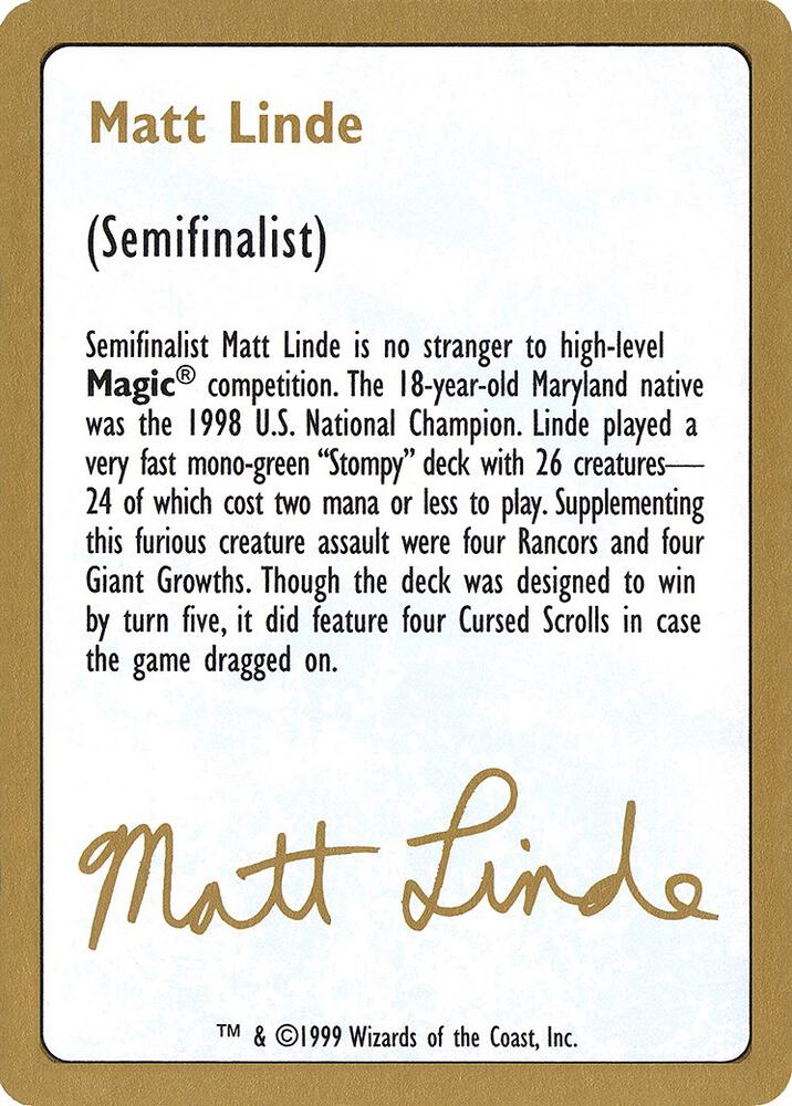 1999 Matt Linde Biography Card card from World Championship Decks