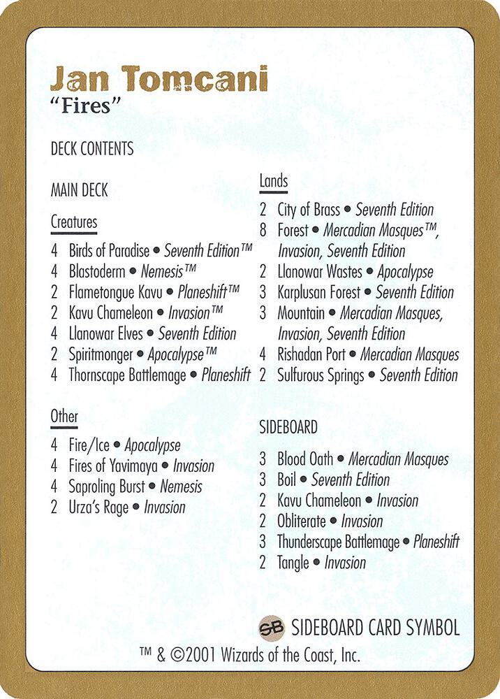 2001 Jan Tomcani Decklist Card card from World Championship Decks