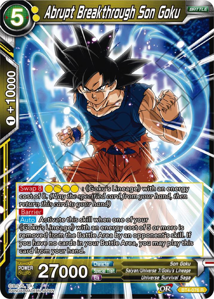 Abrupt Breakthrough Son Goku BT4-076 card from Colossal Warfare