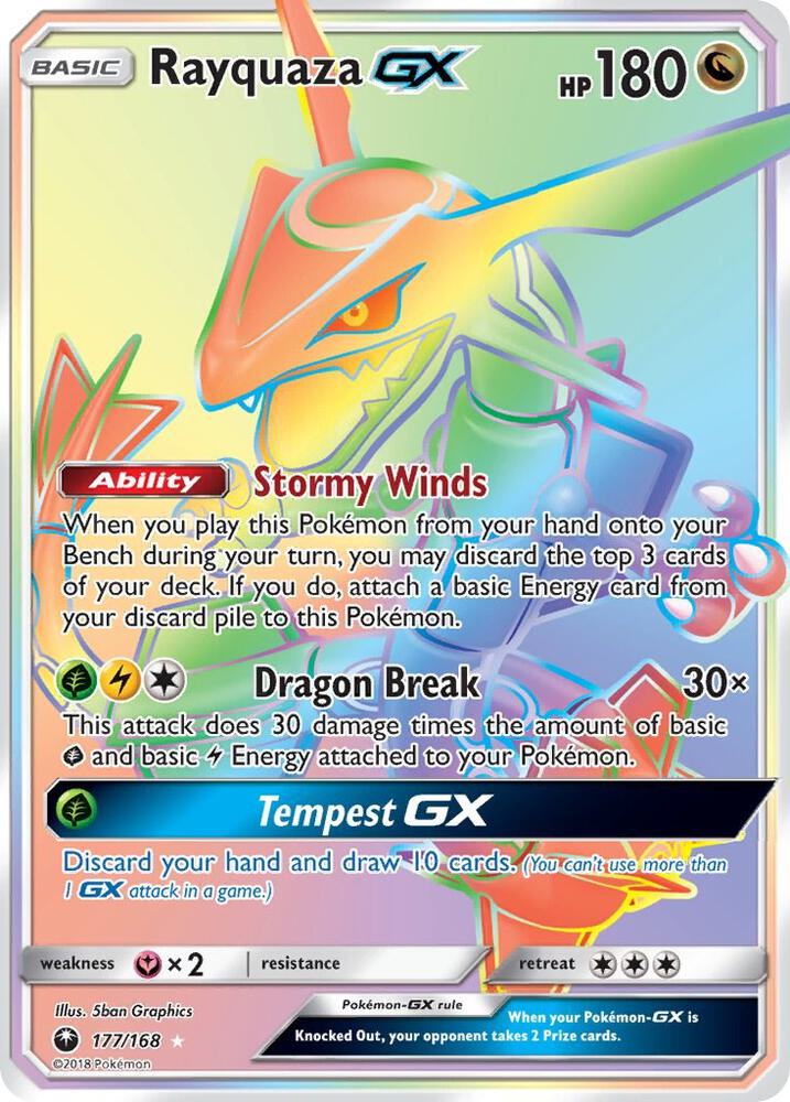Rayquaza GX (Secret) 177/168 card from SM - Celestial Storm