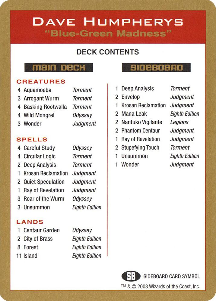 2003 Dave Humpherys Decklist Card card from World Championship Decks