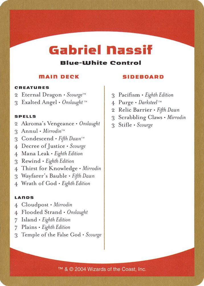 2004 Gabriel Nassif Decklist Card card from World Championship Decks