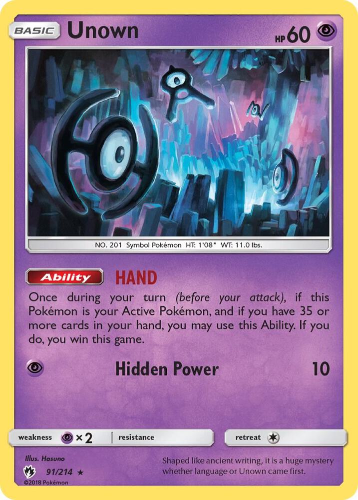 Unown (91) 91/214 card from SM - Lost Thunder