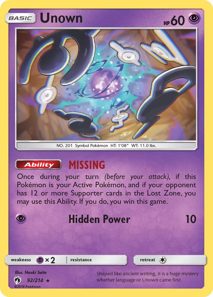 Unown (92) 92/214 card from SM - Lost Thunder