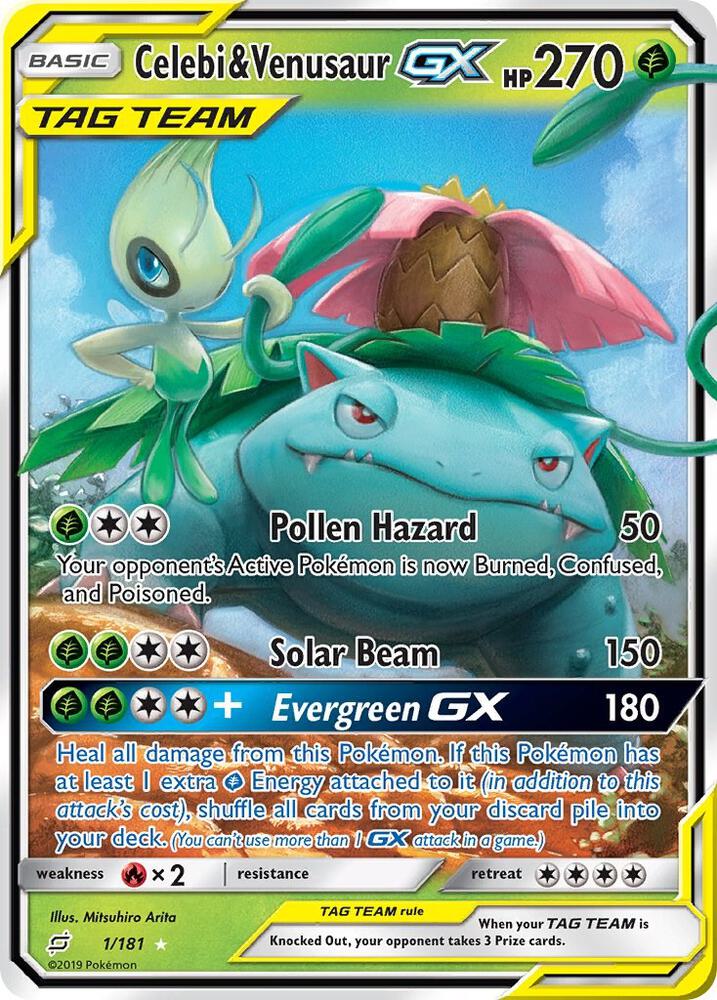 Celebi & Venusaur GX 1/181 card from SM - Team Up