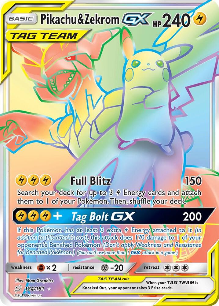Pikachu & Zekrom GX (Secret) 184/181 card from SM - Team Up