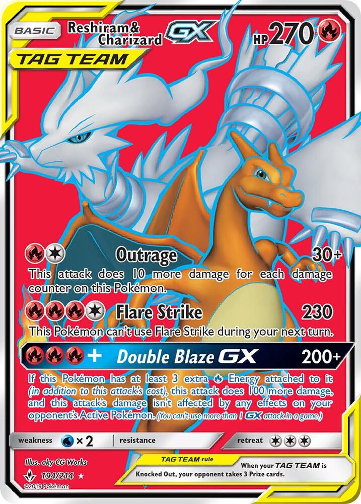 Reshiram & Charizard GX (Full Art) 194/214 card from SM - Unbroken Bonds