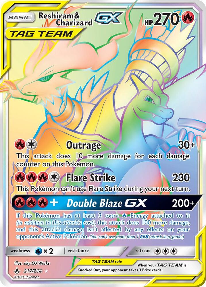 Reshiram & Charizard GX (Secret) 217/214 card from SM - Unbroken Bonds