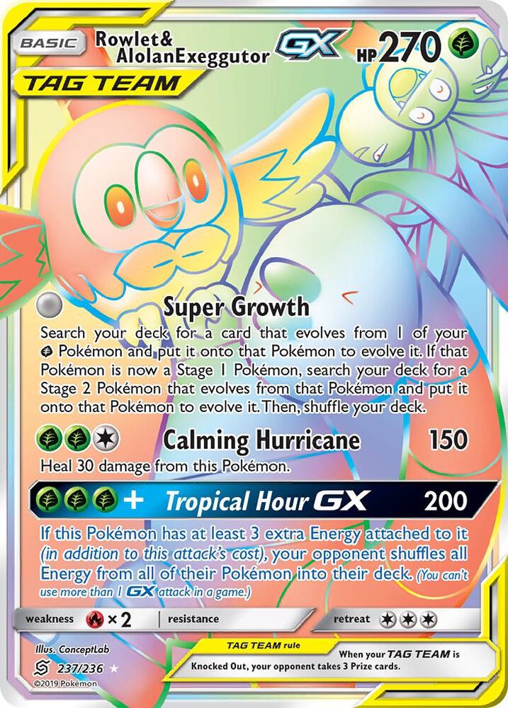 Rowlet & Alolan Exeggutor GX (Secret) 237/236 card from SM - Unified Minds