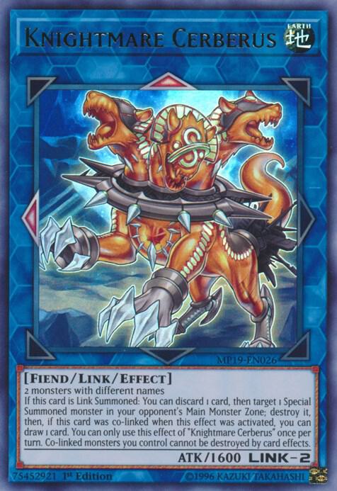 Knightmare Cerberus MP19-EN026 card from 2019 Gold Sarcophagus Tin Mega Pack