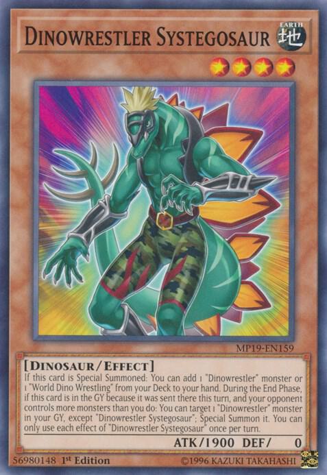 Dinowrestler Systegosaur MP19-EN159 card from 2019 Gold Sarcophagus Tin Mega Pack