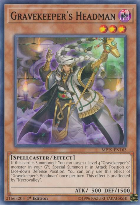 Gravekeeper's Headman MP19-EN163 card from 2019 Gold Sarcophagus Tin Mega Pack