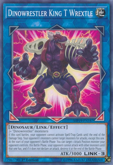 Dinowrestler King T Wrextle MP19-EN187 card from 2019 Gold Sarcophagus Tin Mega Pack