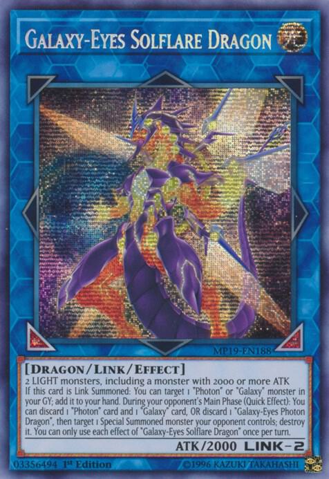 Galaxy-Eyes Solflare Dragon MP19-EN188 card from 2019 Gold Sarcophagus Tin Mega Pack