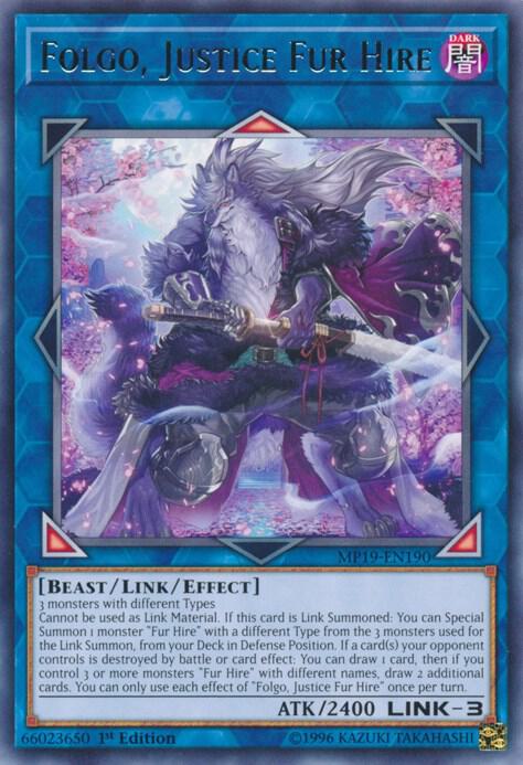 Folgo, Justice Fur Hire MP19-EN190 card from 2019 Gold Sarcophagus Tin Mega Pack