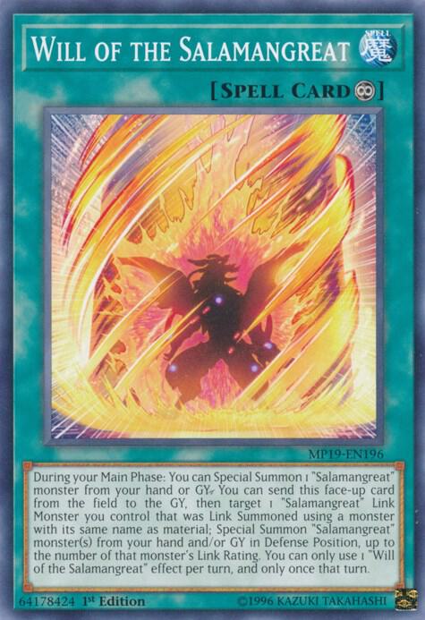 Will of the Salamangreat MP19-EN196 card from 2019 Gold Sarcophagus Tin Mega Pack
