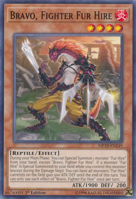 Bravo, Fighter Fur Hire MP19-EN249 card from 2019 Gold Sarcophagus Tin Mega Pack