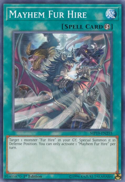 Mayhem Fur Hire MP19-EN255 card from 2019 Gold Sarcophagus Tin Mega Pack