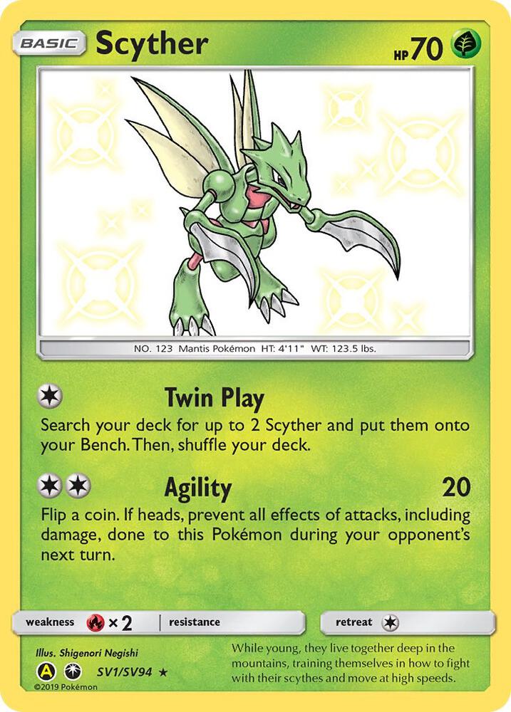Scyther SV1/SV94 card from Hidden Fates: Shiny Vault