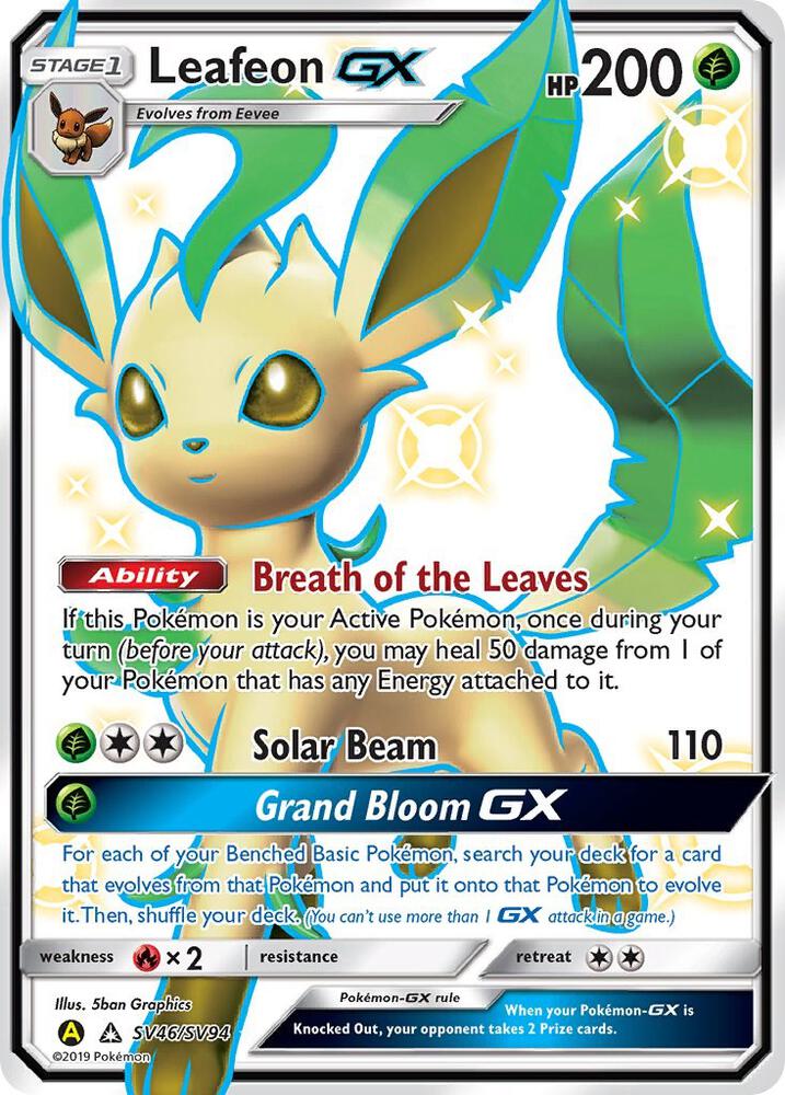 Leafeon GX SV46/SV94 card from Hidden Fates: Shiny Vault