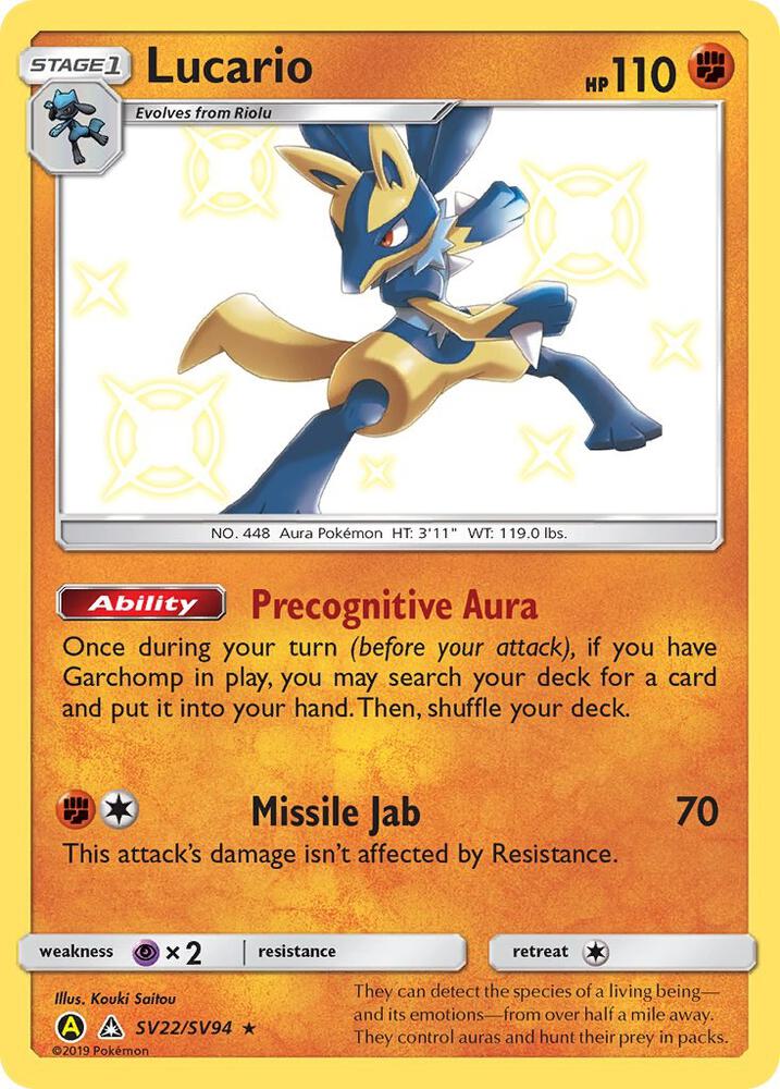 Lucario SV22/SV94 card from Hidden Fates: Shiny Vault