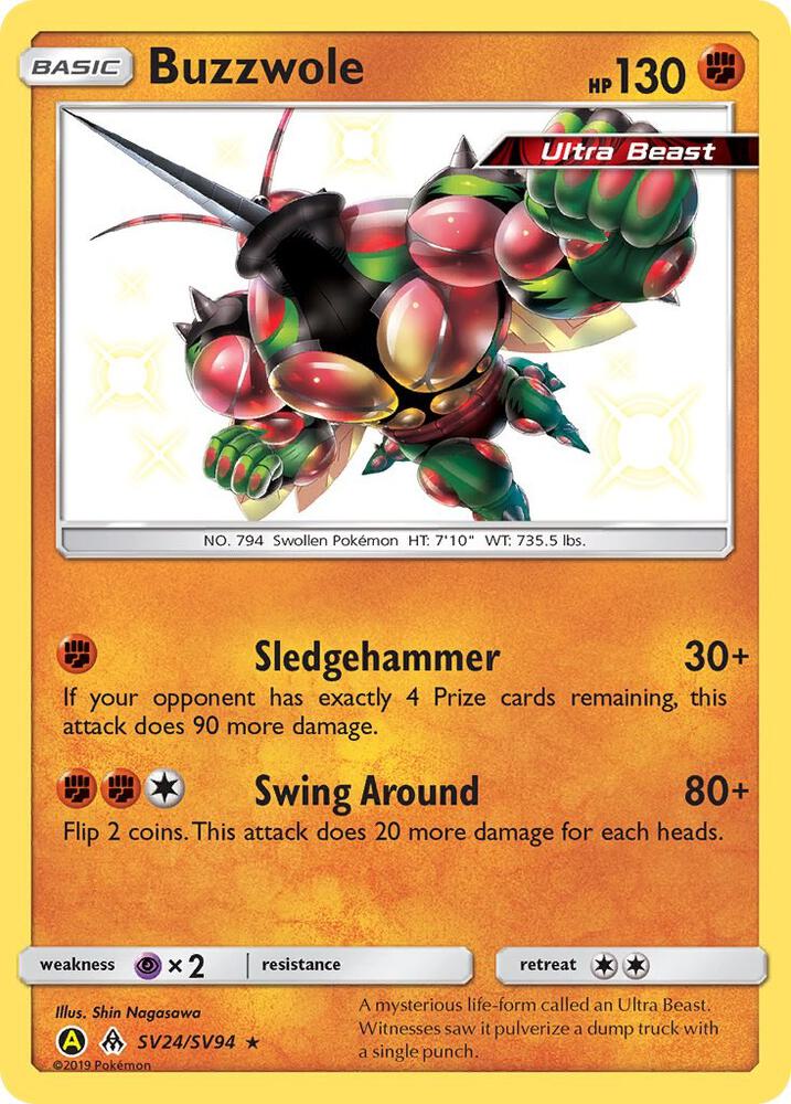 Buzzwole SV24/SV94 card from Hidden Fates: Shiny Vault