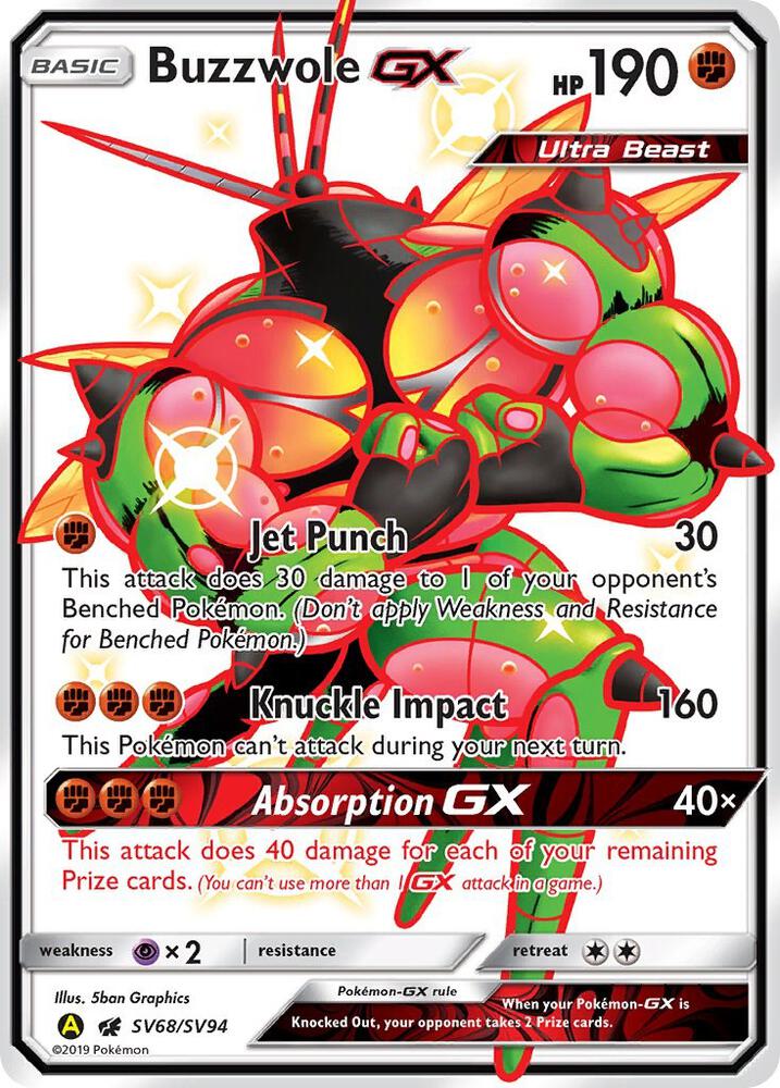 Buzzwole GX SV68/SV94 card from Hidden Fates: Shiny Vault