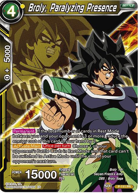 Broly, Paralyzing Presence P-111 card from Expansion Deck Box Set 08: Magnificent Collection - Forsaken Warrior