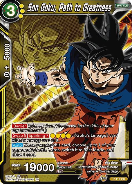 Son Goku, Path to Greatness P-115 card from Expansion Deck Box Set 08: Magnificent Collection - Forsaken Warrior