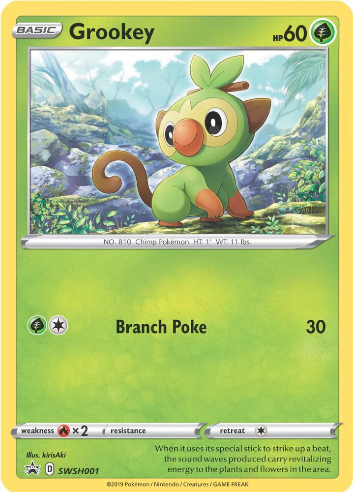 Grookey SWSH001 card from SWSH: Sword & Shield Promo Cards