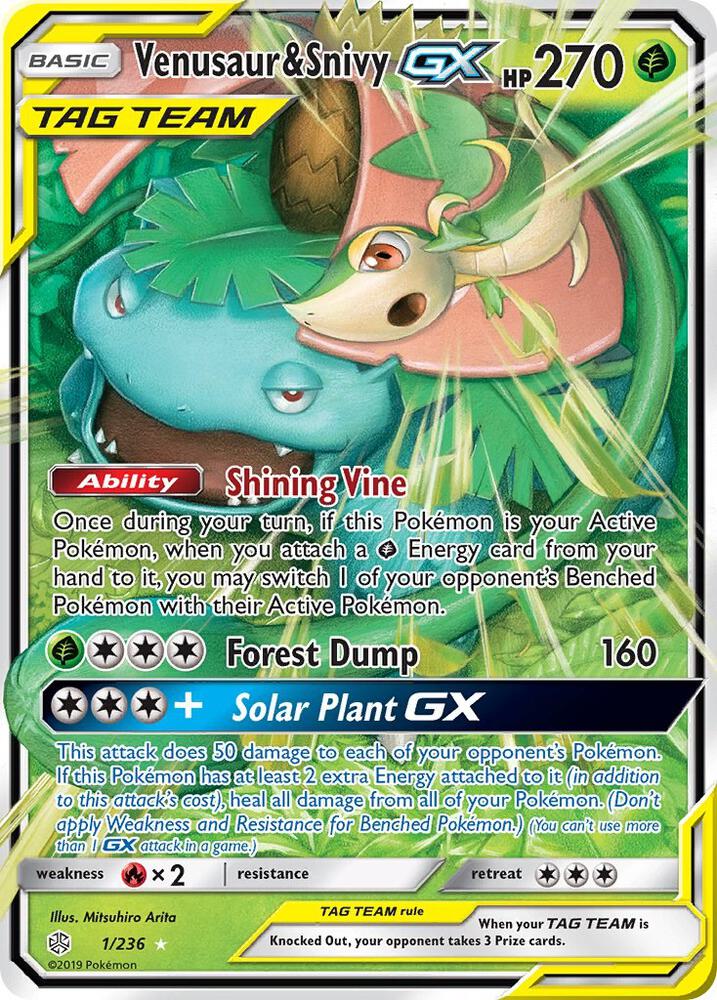 Venusaur & Snivy GX 1/236 card from SM - Cosmic Eclipse
