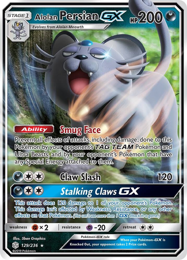 Alolan Persian GX 129/236 card from SM - Cosmic Eclipse